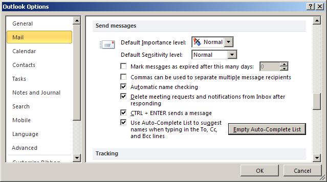 Empty Auto-Complete List in Outlook 2010