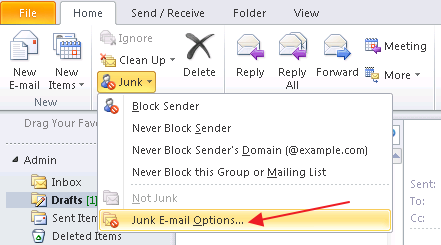Home Tab > Junk > Junk E-mail Options…