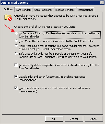 Outlook 2010 Junk Email Options