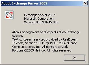 EMC > Help > About Exchange Server