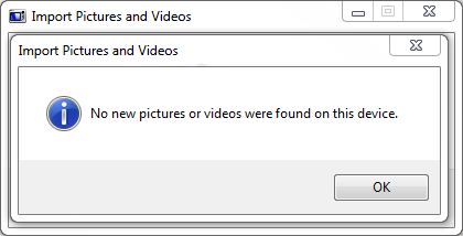 Import Pictures and Videos Wizard > No new pictures or videos were found on this device