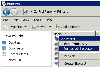 Add Printer > run as administrator