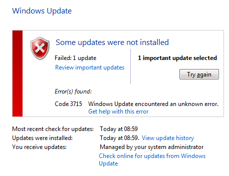 Some updates were not installed. Error 3715
