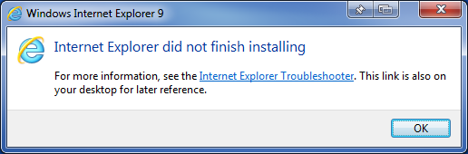 Internet Explorer did not finish installing