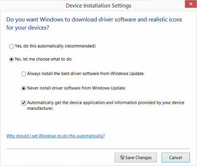 Never install driver software from Windows Update