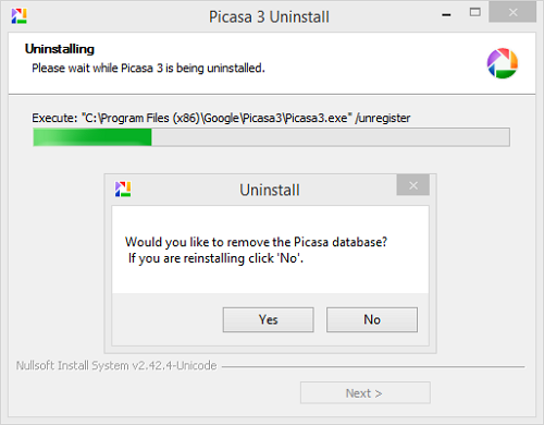 Picasa 3 uninstall - would you like to remove database