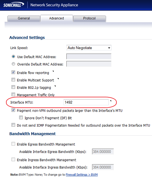 SonicWALL Interface Options