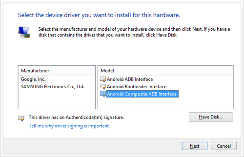 Manually installing Android USB driver