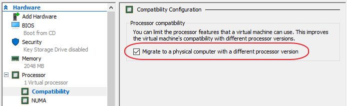 Migrate to a physical computer with a different processor version