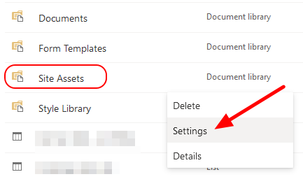 SharePoint > Site Assets > Settings