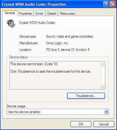 Crystal WDM Audio Codec driver – This device cannot start (Code 10)