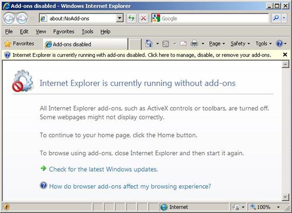 Internet Explorer Safe Mode (no Add-ons)