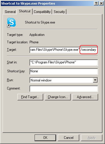 Skype.exe Shortcut to start second instance