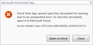 Microsoft Sky Drive Word Web App error