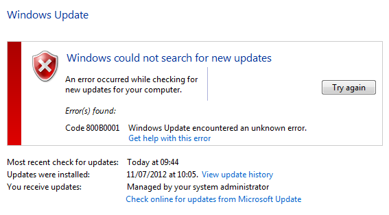 Windows Update error 800B0001