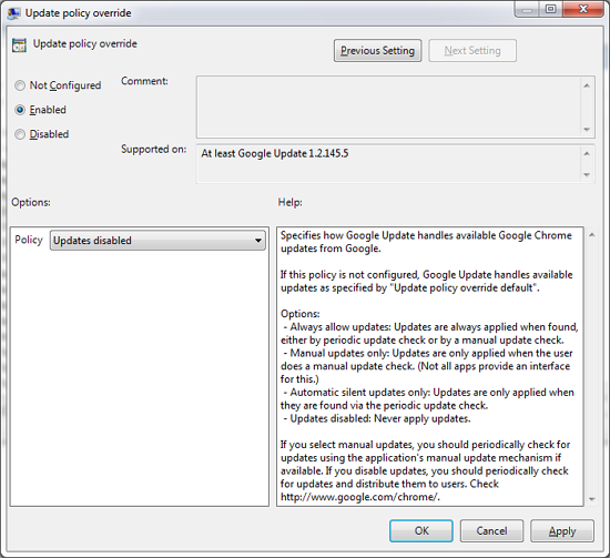 Local Group Policy Editor - Google Chrome Updates