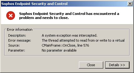 Sophos Endpolnt Security and Control error
