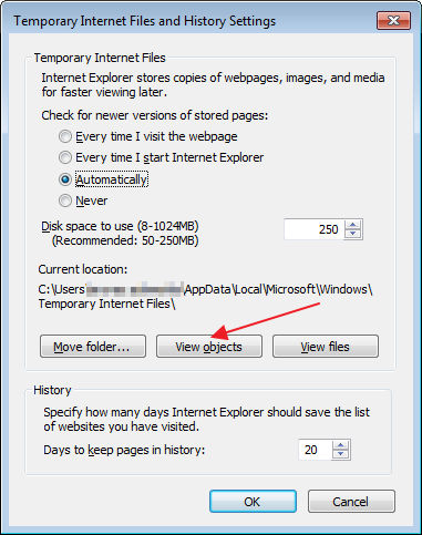 Internet Explorer > Temporary Internet Files and History Settings
