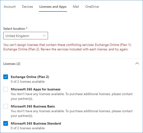 Office 365 > User > Licenses and Apps