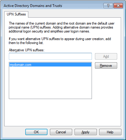 Active Directory Domains and Trusts > UPN Suffixes