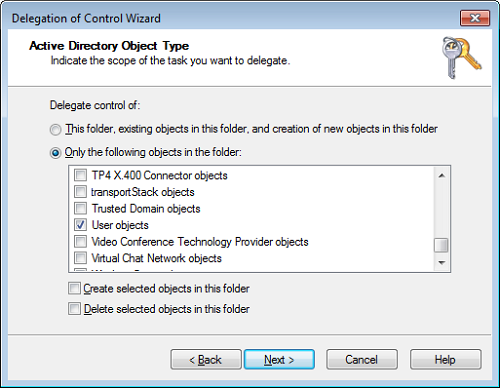 Delegation of Control Wizard - Active Directory Object Type