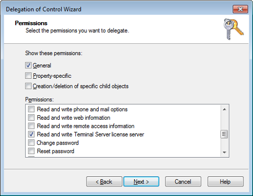 Delegation of Control Wizard - Permissions