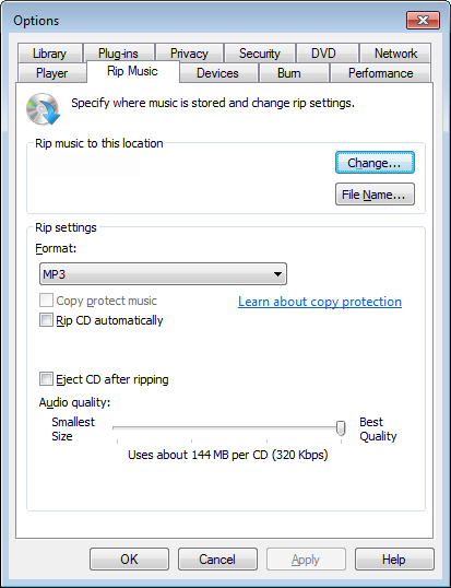 Windows Media Player Options > Rip Music