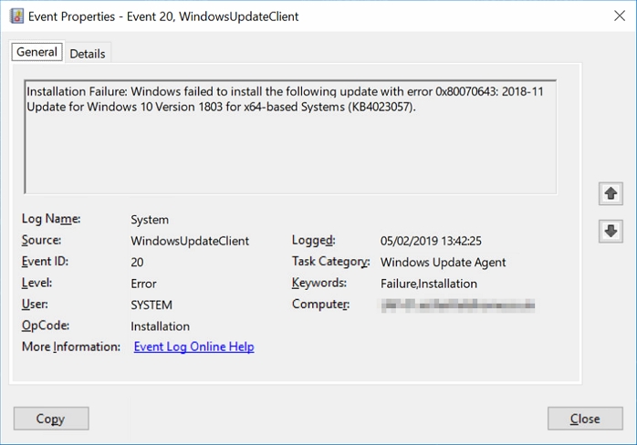 Windows Event 20 WindowsUpdateClient