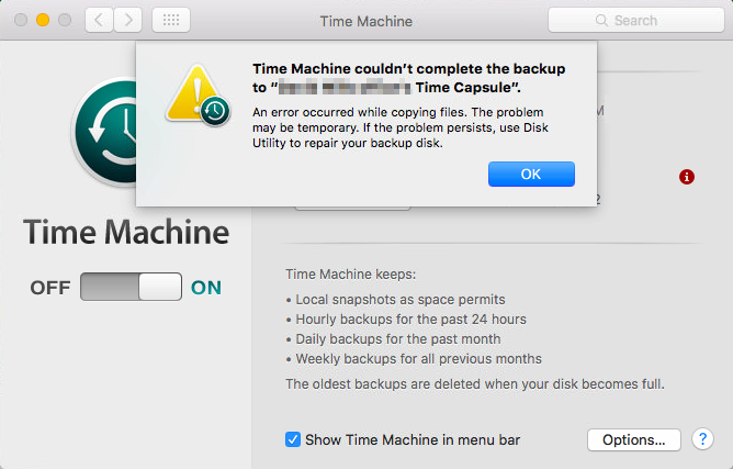 Time Machine backup failed