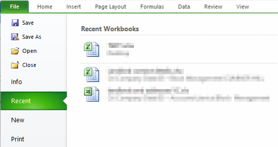 Excel 2010 - Recent Workbooks