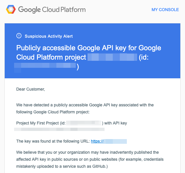 Publicly accessible Google API key for Google Cloud Platform