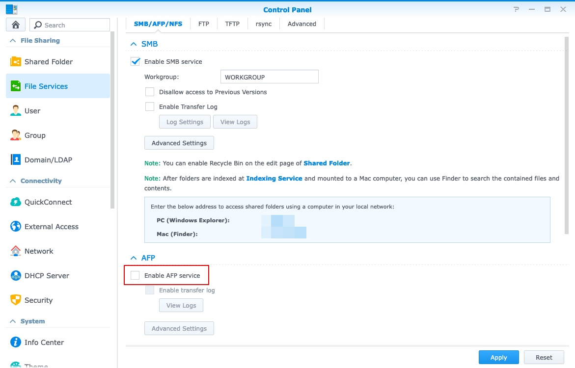 Disable AFP on Synology NAS