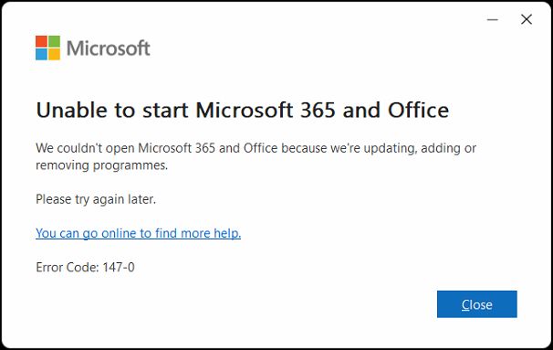 Unable to start Microsoft 365 and Office
