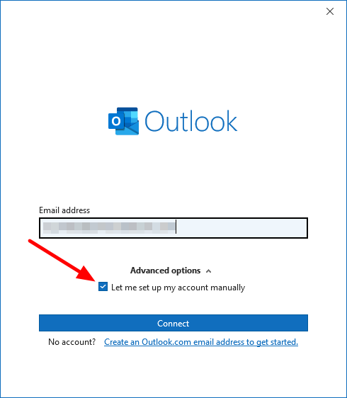 Outlook > Advanced options > Let me set up my account manually