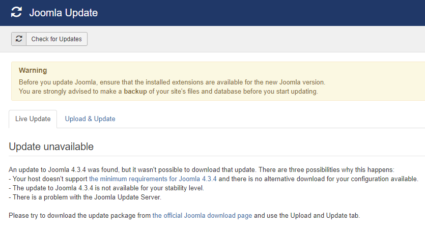 Joomla Update Unavailable
