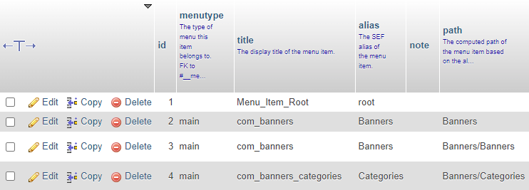 Joomla menu database table